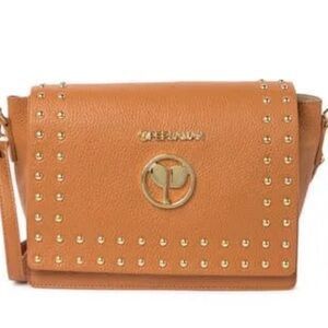 NEW PERSAMAN New York Saddle Leather & Gold Studded Crossbody Purse Italy *